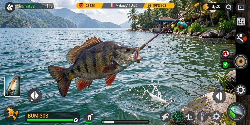 Tampilan gameplay BUMI303 dengan pengalaman memancing yang seru.