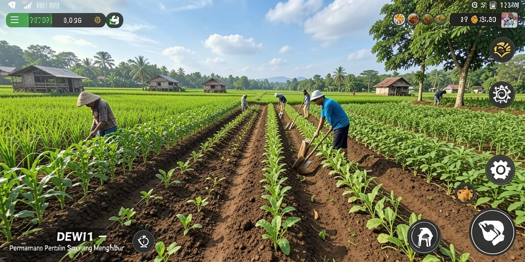 Screenshot DEWI11 menunjukkan ladang pertanian yang indah dan berwarna-warni.