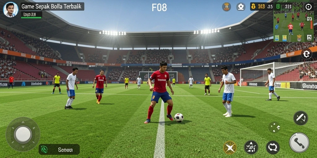 Tampilan gameplay F08 dengan aksi sepak bola yang mendebarkan.