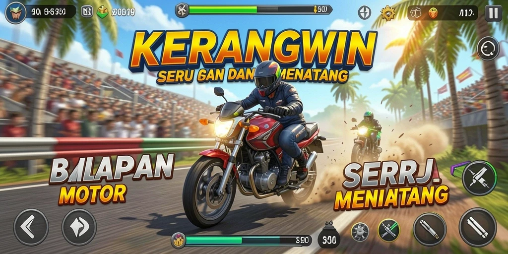 Tampilan gameplay KERANGWIN menampilkan aksi balapan motor yang mendebarkan.