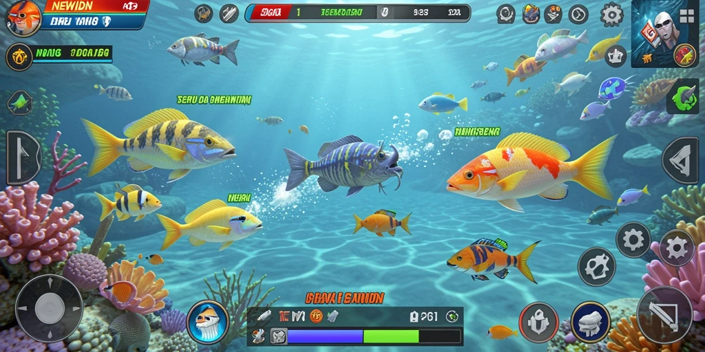 Tampilan gameplay seru di NEWIDN dengan ikan berwarna-warni.