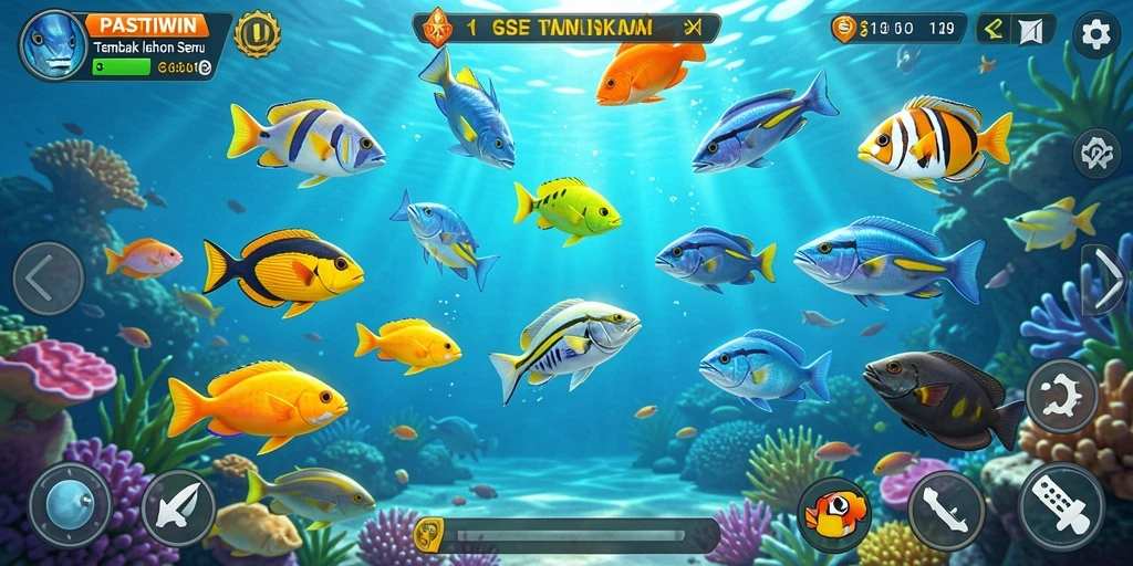 Screenshot gameplay PASTIWIN dengan aksi menembak ikan.